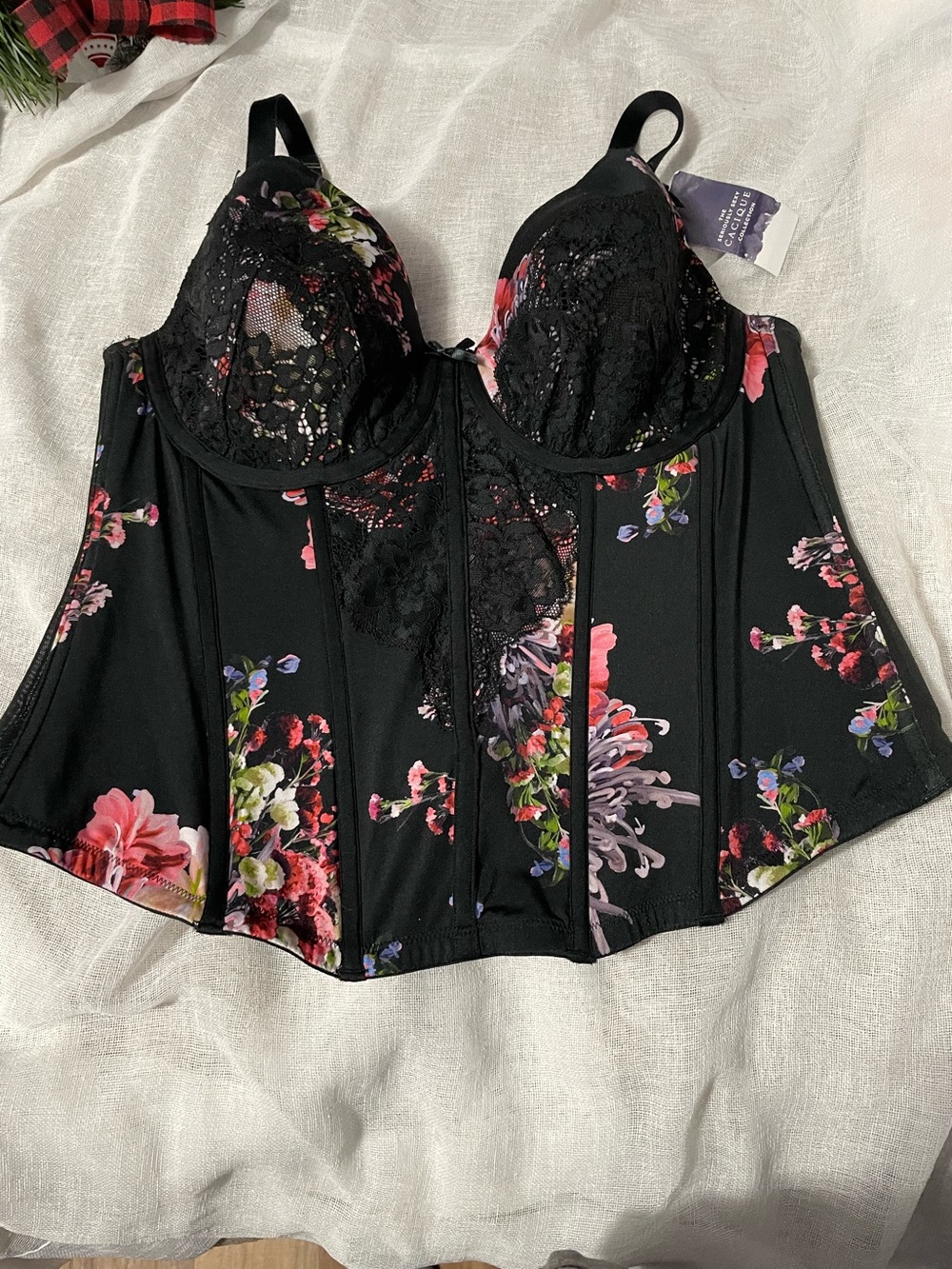 Cacique Black Floral Lace Longline Bustier
